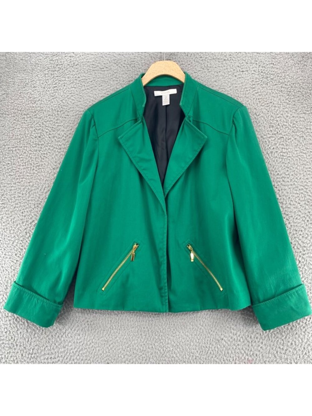 Chicos Jacket Womens 2 US Large Green Open Blazer Zip Pockets Stretch Everyday